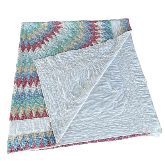 VTG Star Burst Quilt Calico Prairie Diamond Patchwork Hand Quilted 86x99 READ - Picture 6 of 16